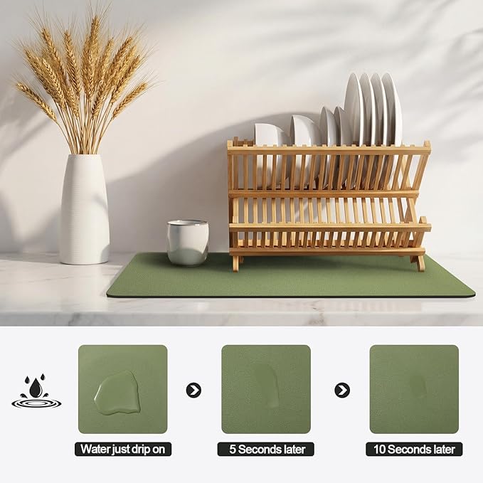 Ecotrim - Dish Drying Mat for Kitchen Counter | Coffee Bar Mat for Countertops | Heat Resistant Drainer Mat with Non-slip Rubber Backed | Hide Stain Kitchen Absorbent Draining Mat | Green 16"x18"