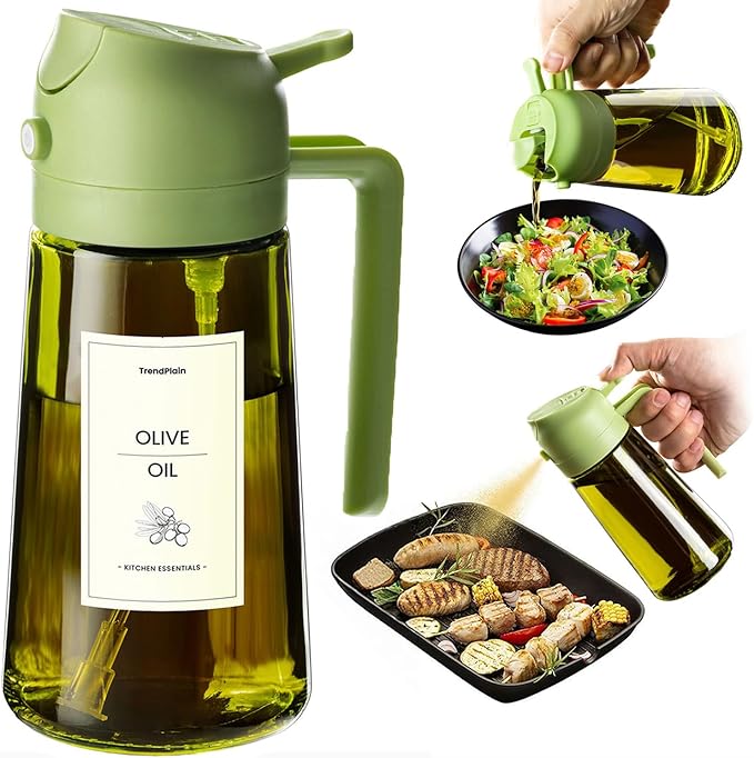 TrendPlain - Original 16oz/470ml Olive Oil Dispenser Bottle for Kitchen Gadgets and Air Fryer Accessories - Olive Oil Sprayer for Cooking w/Stickers - Green