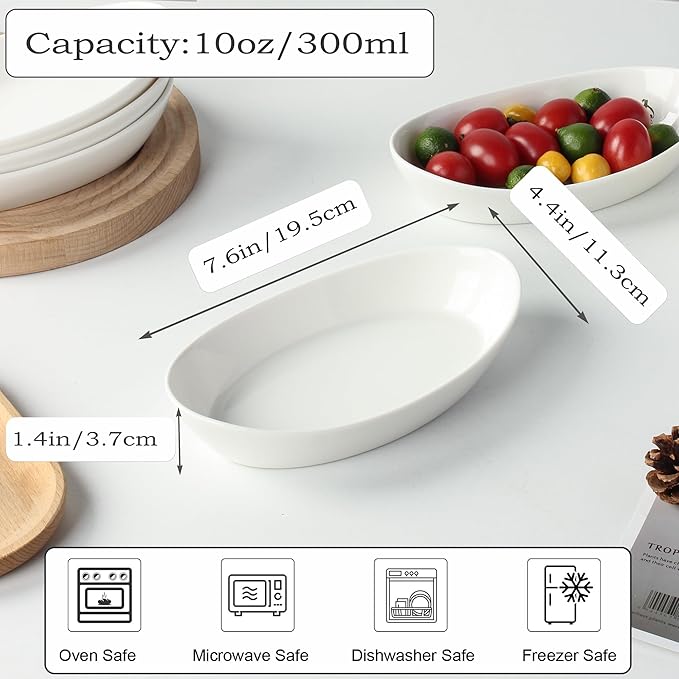 Au Gratin Baking Dishes for Oven Safe, Porcelain Mini Casserole Dish (6pc Set). 10oz Individual Gratin Dishes Set, Ceramic Small Baking Dish for Single Serving, Banana Split Bowls, 7.6x4.4in