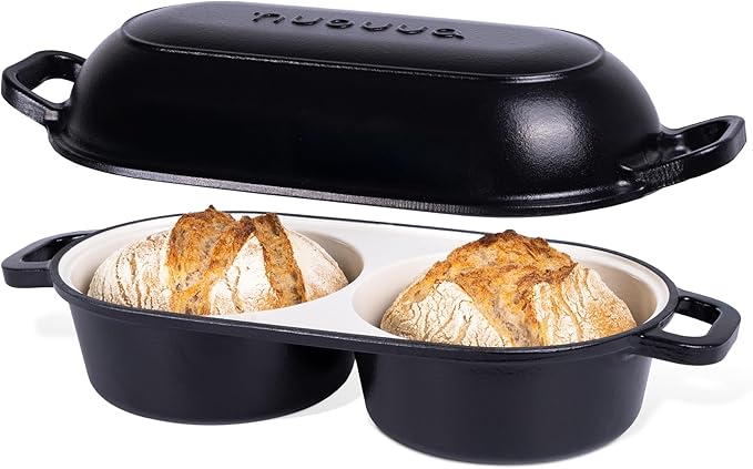 Dutch Oven for Sourdough Bread Baking – Enamelled Cast Iron Bread Loaf Pot – 500°F Oven Safe Non Stick Bread Pot – Double Round Loaf Space, 16.5cm Diameter, Black, – by Nuovva