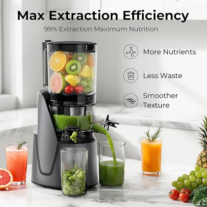 EanOruus Juicer Machines, 3-in-1 Cold Press Juicer with 6.5" Extra Large Chute, 100oz Large Capacity, AC Motor, Makes Juice, Nut Milk & Sorbet, Premium Gray