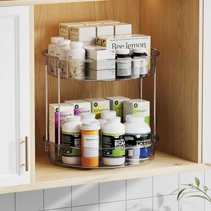 LAMU 2 Pack 2 Tier Lazy Susan Turntable Organizer 12'' Rotating Spice Rack Organization for Cabinet, Kitchen, Pantry, Countertop, Bathroom, Vanity, Medicine Cabinet Organizer, Grey