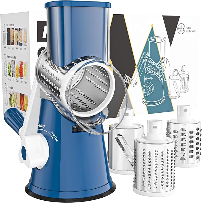 Cambom Rotary Cheese Grater Hand Crank Cheese Shredder for Fresh Cheese, Vegetable, Nuts,Non-slip Suction Base, Free Cleaning Brush Three Blades,Deep Blue