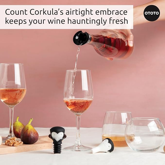 OTOTO Wine Stoppers & Pourer - Halloween Gifts for Wine Lovers, Spooky Wine Bottle Stopper, Wine Goth Accessories, Fun Kitchen Gadgets (Count Corkula)