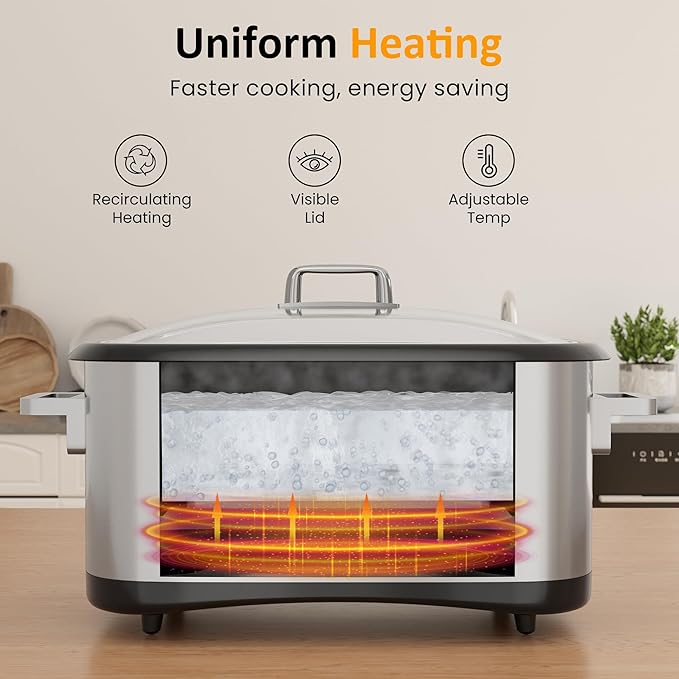 Sunvivi 8 Quart Slow Cooker Roaster Oven, 12 in 1 programmable Multi-Cooker Food Warmer with Digital Timer, Temp Control, Removable Cast Aluminum Pot & Dishwasher-Safe Tempered Glass Lid, Stainless