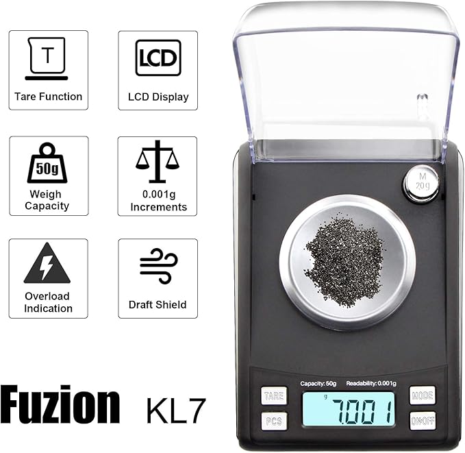 Fuzion Milligram Scale 50/0.001g, Mg Scale with 20g Cal Weight, Micro Scale, Powder Scale for Reloading