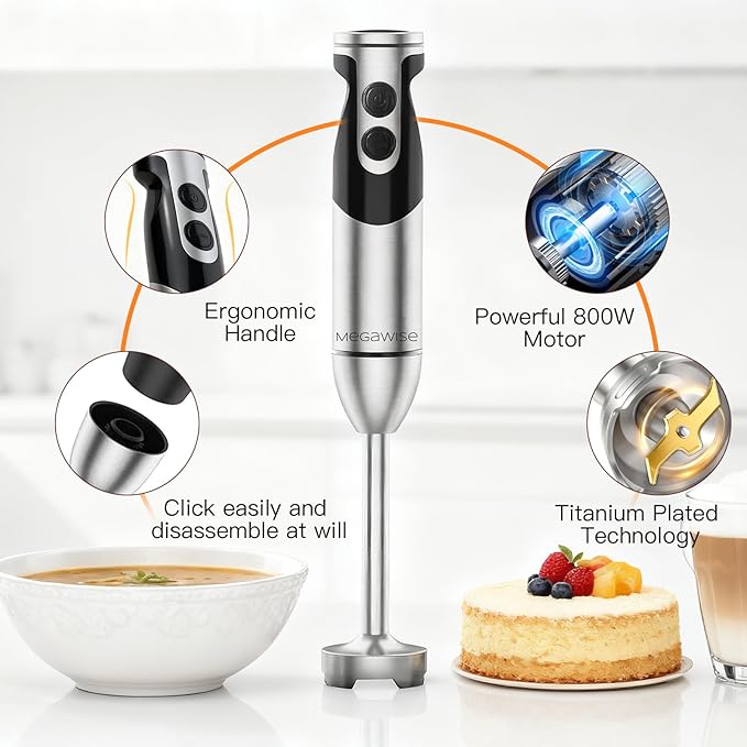 MegaWise Stainless Steel Titanium Reinforced 3-in-1 Immersion Hand Blender, Powerful with 80% Sharper Blades, 12-Speed Corded Blender, Including Whisk and Milk Frother (3-in 1 Black)