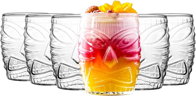 Tiki Glasses Set of 6-16 oz Cocktail Drinking Glasses - Water Glassware - Drinkware for Juice Iced Coffee - Hawaii Pool Beach Party Cups