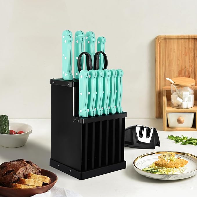 16-Piece Kitchen Knife Set with Block - High Carbon Stainless Steel Knives, Black Non-Stick Coating, Triple Riveted Forged Turquoise Handle, Dishwasher Safe, Includes Knife Sharpener, Scissors