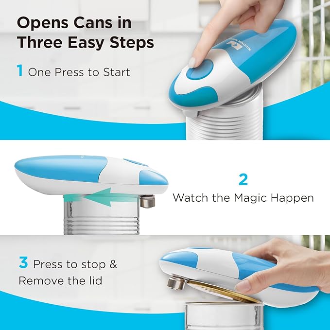 Kitchen Mama Auto Electric Can Opener: Open Your Cans with A Simple Press of Button - Automatic, Hands Free, Smooth Edge, Food-Safe, Battery Operated, YES YOU CAN (Sky Blue)