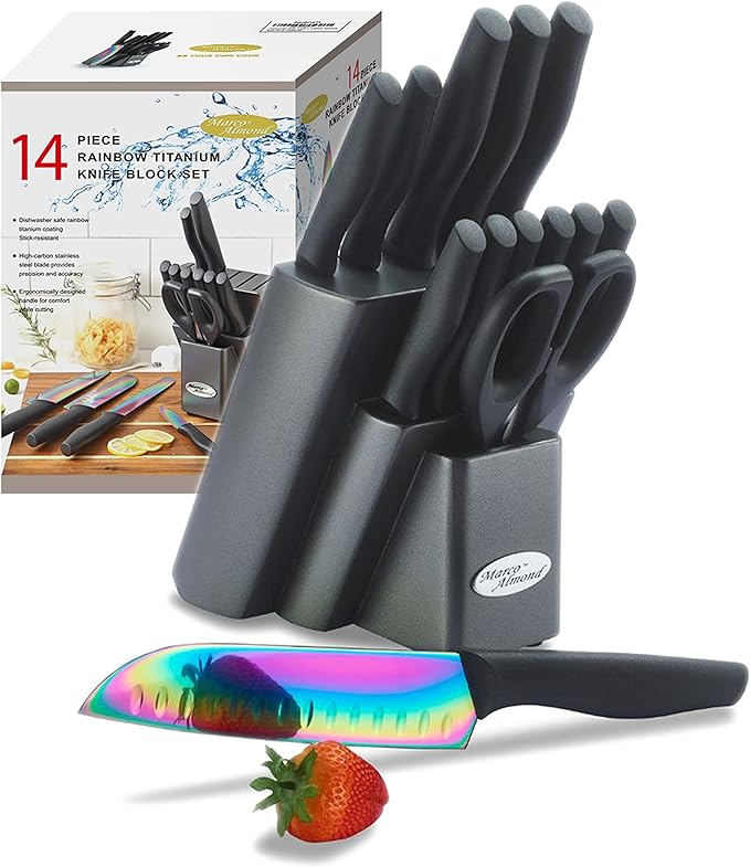 Marco Almond Knife Set with Block, 14 Piece Rainbow Titanium Knife Block Set, KYA25 Cooking Steak Knives set with Black Handle.