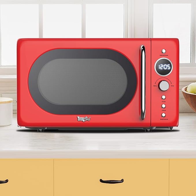Total Chef Retro Microwave Oven | 20L / 0.7 Cu Ft | Quick Start & Defrost By Weight/Time | 8 Pre-set Cooking Modes For Coffee, Rice, Pasta, Potato, Reheat, Fish, Pizza, Popcorn | 700W | Red