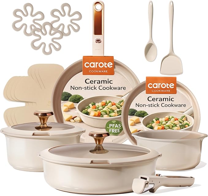 CAROTE 18Pcs Ceramic Cookware Set with Detachable Handle, Pots and Pans Set Non Stick, Non Toxic Cookware Set Removable Handles, Induction Kitchen Cookware Sets, Dishwasher/Oven Safe