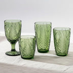 Green Drinking Glasses Set of 4, 12 oz Hand-Pressed Vintage Drinking Glasses, Deep Textured Antique Glassware, Fern Embossed Highball Tumblers, Colored Boho Glass Cups, Retro Style Drinkware Gift Set