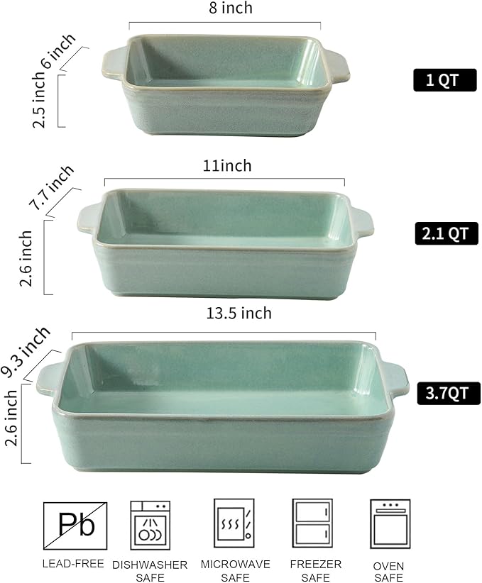 HVH 9x13 Baking Dish Set, Large Casserole Dishes for Oven, Ceramic Bakeware Set of 3, Rectangular Lasagne Pan Deep for Baking (Turquoise)