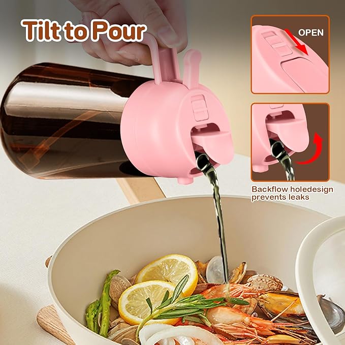 YARRAMATE 16oz/470ml Dark Brown Oil Sprayer for Cooking with Stickers, Food-grade Premium 2 in 1 Olive Oil Dispenser Bottle for Kitchen Gadgets, Air Fryer, Salad, Frying, BBQ (Pink)
