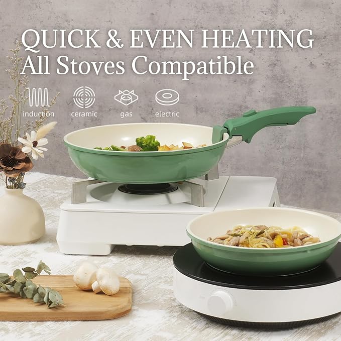 Ceramic Cookware Set Non Stick 8Pcs Pots and Pans Set Detachable Handle Induction Kitchen Cooking Set with Frying Pans Oven Dishwasher Safe, PFAS/PFOA Free, Forest Green