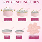 Paris Hilton Epic Nonstick Pots and Pans Set, Multi-layer Nonstick Coating, Tempered Glass Lids, Soft Touch, Stay Cool Handles, Made without PFOA, Dishwasher Safe Cookware Set, 12-Piece, Pink