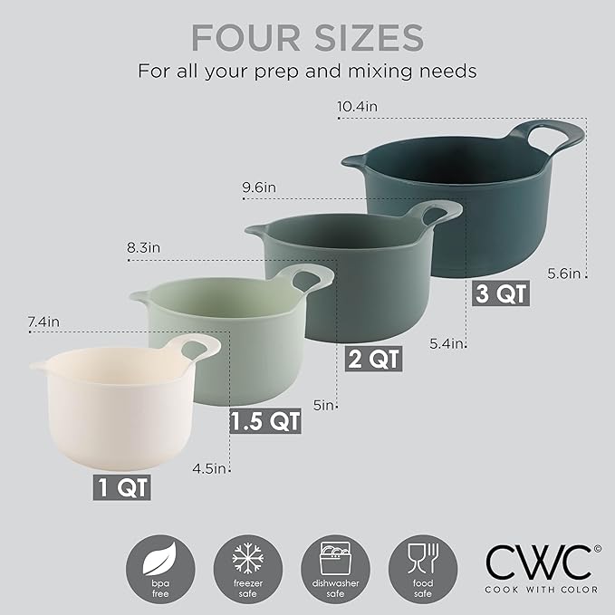 COOK WITH COLOR Nesting Plastic Mixing Bowl Set with Pour Spouts and Handles, Green, 4 Piece Non-Slip