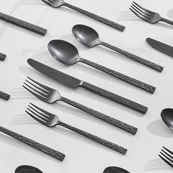 KINGSTONE 30 Pcs Black Hammered Silverware Set for 6, 18/10 Stainless Steel Heavy Duty Flatware Set, Tableware Cutlery Utensil Sets for Home Restaurant Dishwasher Safe