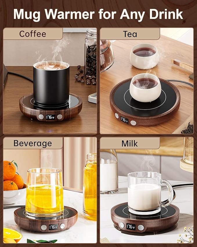 SWEETFULL Mug Warmer - Upgraded 36W Coffee Cup Warmer for Desk with 130℉-176℉ Digital Display, 2-12H Timer Auto Shut Off, Smart Electric Coffee Heating Plate, Ideal Gifts for Women Men - Wood