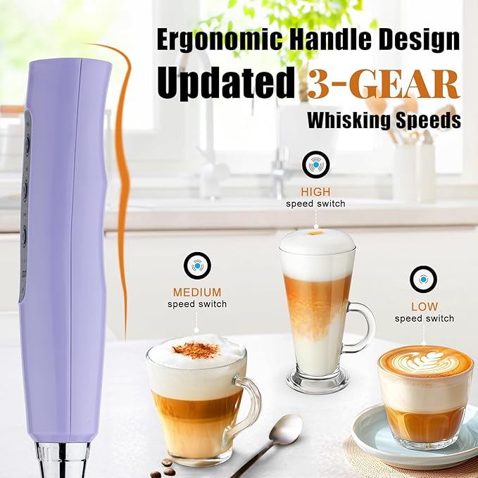 Nahida Light Purple Milk Frother Wand for Coffee, Frother Handheld Rechargeable Electric Whisk with 3 Heads 3 Speeds Drink Mixer Coffee Frother Foam Maker For Latte, Cappuccino, Hot Chocolate, Egg