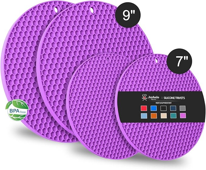 Joyhalo Trivets for Hot Dishes - Hot Pads for Kitchen, Silicone Pot Holders for Hot Pots and Pans, Silicone Mats for Kitchen Countertops, Table, Flexible Easy to Wash and Dry, Purple