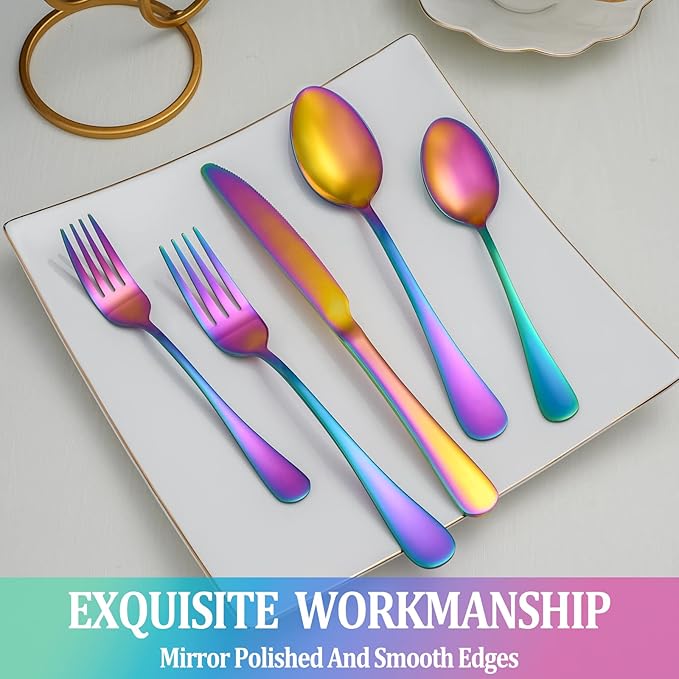 20 Pcs Rainbow Silverware Set Service for 4,Stainless Steel Flatware Serving Sets,Kitchen Tableware Set,Utensil Set for Home and Restaurant,Knives Forks Spoons Set,Mirror Polished,Dishwasher Safe