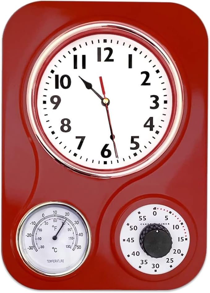Lily's Home -9.5 Inch x 12.5 Inch -Retro Kitchen Wall Clock, Vintage Wall Clock with a Thermometer and 60-Minute Timer, Ideal for Any Kitchen, Office, or Diner (Retro Red)