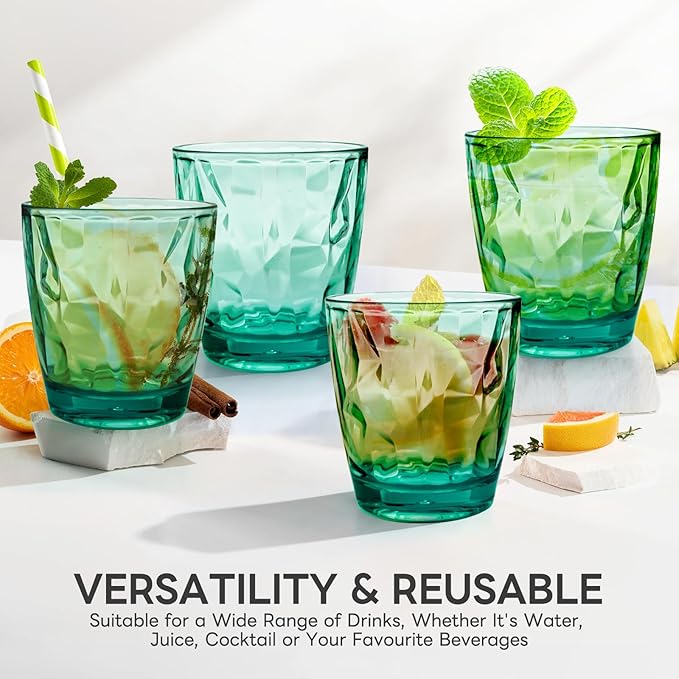 Topsky 10 oz Plastic Water Tumblers | Set of 4 Transparent Unbreakable Drinking Glasses Clear Acrylic Reusable Juice Wine Cups for Home Picnic Party, Dishwasher Safe, Stackable (Light Green)