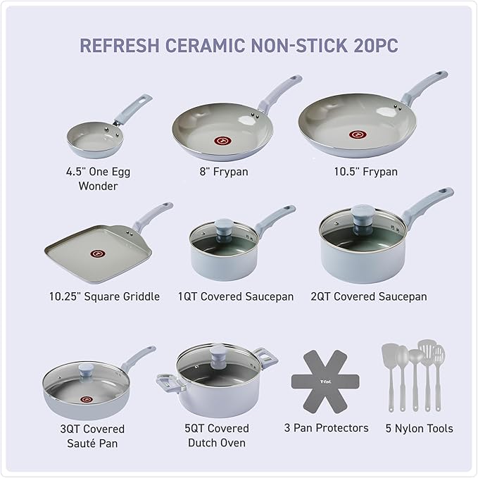 T-Fal Refresh Ceramic Nonstick Cookware Set, 20-Piece, Oven Safe to 350°F, Includes Stockpot, Griddle, Frying Pans, Utensils, Ceramic Pots and Pans Set, Blue