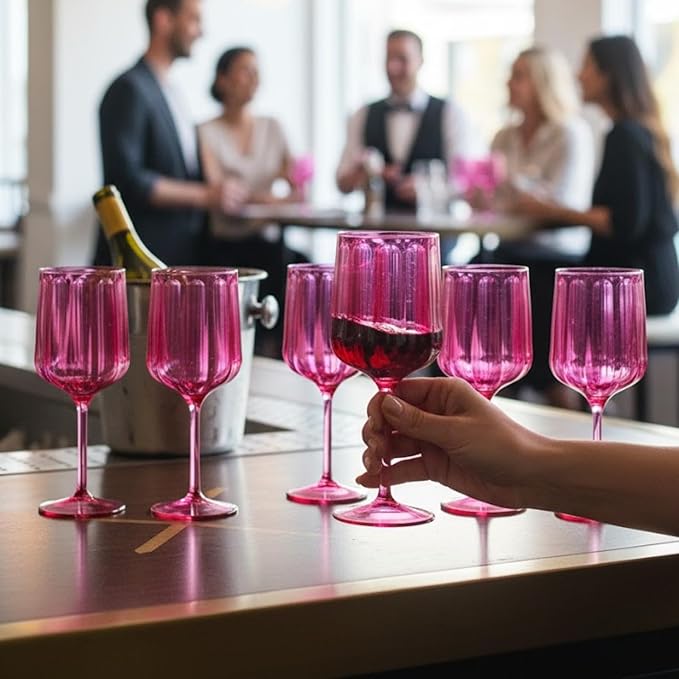 Khen Acrylic Lucia Stemmed Goblets - Unbreakable Wine Glasses Reusable Drinking Cups Dishwasher Safe Elegant Stemware for Cocktail Champagne | Kitchen Bar Party | Set of 6 |14oz | Coral