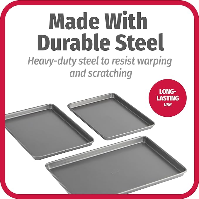GoodCook Everyday Nonstick Baking Sheet Set, 3 Pack Includes One Small, Medium & Large Pan Carbon Steel Construction Cookie Sheet Bakeware Set, Gray