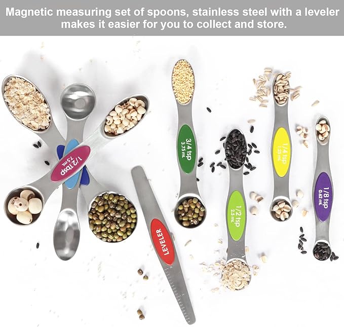 Magnetic Measuring Spoons Set Stainless Steel with Leveler, 9pcs Multicolors Measuring Cups Set for Baking, Measuring Cups and Spoon Set Kitchen Gadgets Apartment Essentials Fits in Spice Jars
