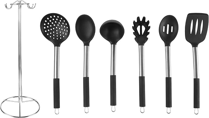 7-Piece Cooking Utensils Set - Stainless-Steel and Silicone Kitchen Tools and Holder - Heat Resistant and Nonstick Set by Classic Cuisine (Silver)