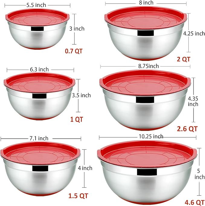 P&P CHEF Mixing Bowls With Lids, Set of 6, Stainless Steel Nesting Mixing Bowls & Fitting Lids & Non-Slip Silicone Bottom, Ideal for Mixing, Storing, Size 0.7/1/1.5/2.5/3/4.6 Qt, Red
