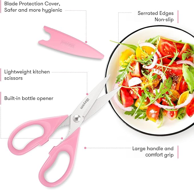 iBayam All Purpose 8.5" Cooking Scissors with Sheath, Pink Kitchen Gadgets for Women, Mom, Wife, Her