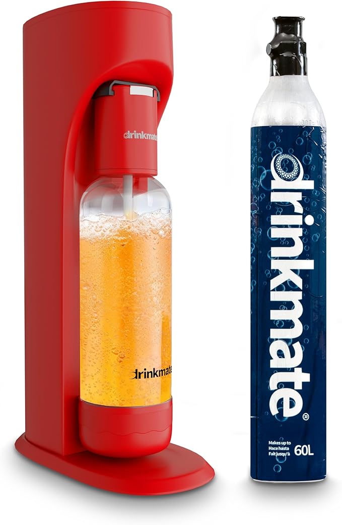 Drinkmate OmniFizz Sparkling Water Maker & Soda Streaming Machine | Carbonates Any Drink | STARTER KIT | Includes One 60L CO2 Cartridge + One BPA-Free Bottle (Royal Red)