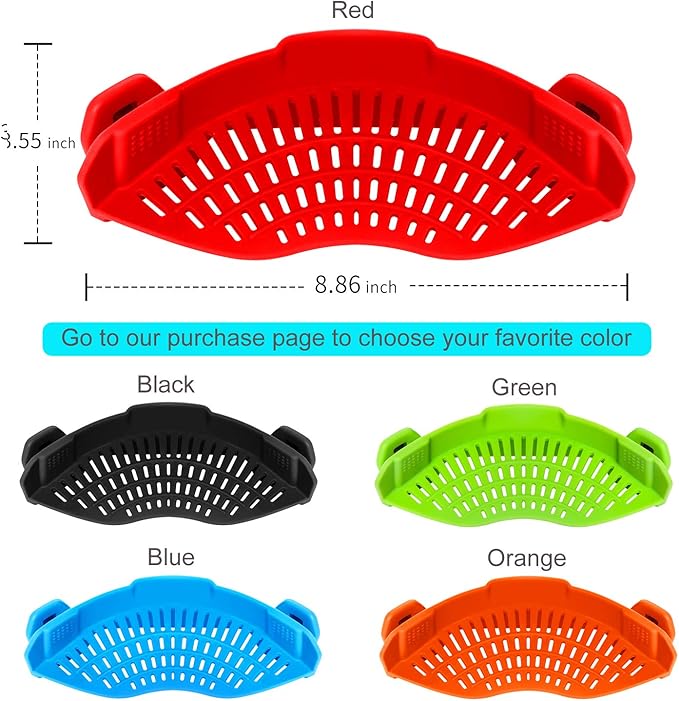 Clip On Strainer Silicone for all Pots and Pans, AUOON Pasta Strainer Clip on Food Strainer for Meat Vegetables Fruit Silicone Kitchen Colander
