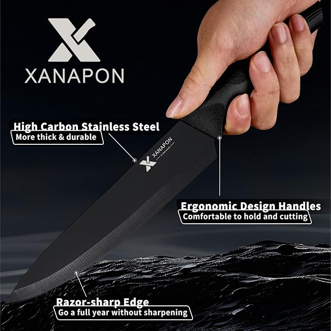 XANAPON 19-Piece Black Kitchen Knife Set with Block and Built-in Sharpener, High Carbon Stainless Steel Chef Knives Set for Kitchen with 8 Steak Knives, Ergonomic Handles, Perfect Housewarming Gift