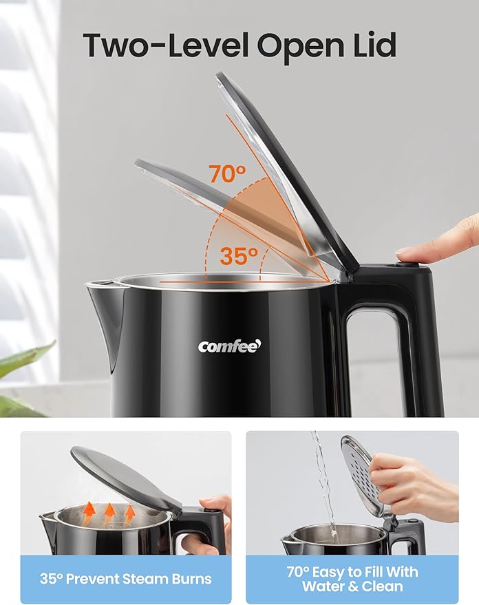COMFEE' 1.7L Double Wall Electric Tea Kettle and Kettle Water Boiler, 100% Stainless Steel Interior & Lid & Spout, Two-Level Wide Open Lid, 1500W Fast Boiling, Auto-Off and Boil-Dry Protection