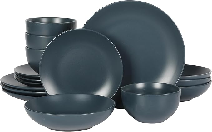 Gibson Home Queenslane 16-Piece Matte Blue Stoneware Dinnerware Set – Double Bowl Plates and Bowls, Durable Kitchen Dinner Set