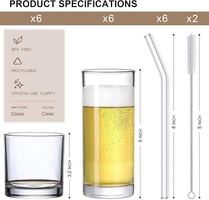[ 12 Pack ] Glass Cups with Glass Straws, 12oz Highball & Rock Drinking Glasses, Everyday Drinkware Glasses Set, Cute Tumbler Cup, Kitchen Glasses for Iced Coffee, Water, Beer, Cocktail, Whiskey Gift.