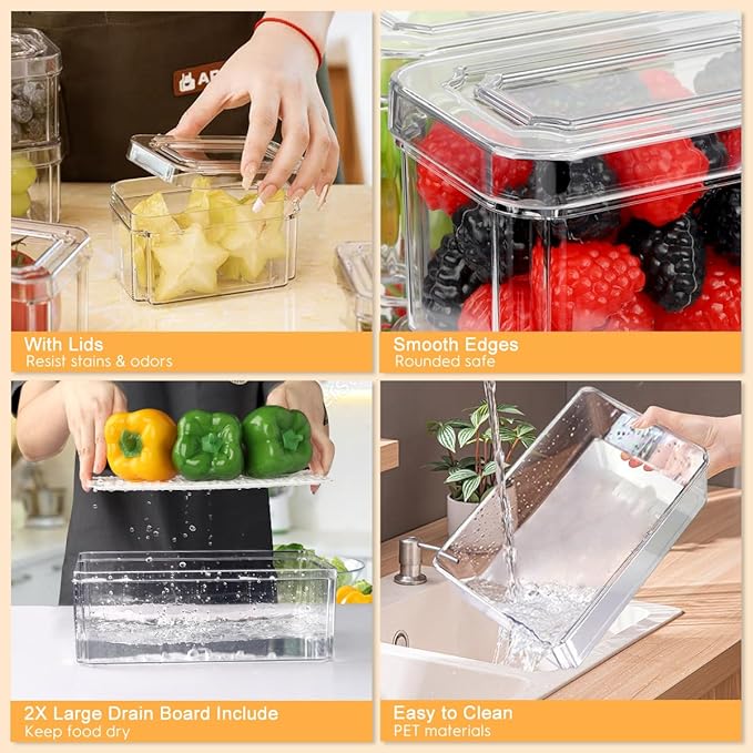 14 Pack Fridge Organizer, Stackable Refrigerator Organizer Bins with Lids PBA-Free, Clear Fridge Organizers and Storage for Kitchen, Countertops, Cabinets, Fridge, Drinks, Fruits, Vegetable, Cereals