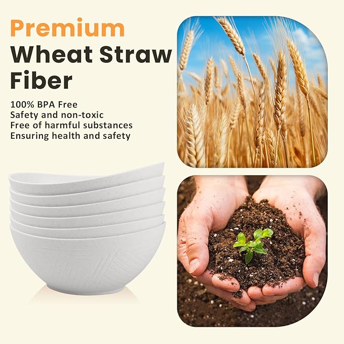 Homienly Wheat Straw Bowls, Large Salad Bowls Set of 6, 60 OZ Large Capacity Serving Bowl for Kitchen, Picnic, Camping,Lightweight Unbreakable Microwave and Dishwasher Safe Big Bowl - White