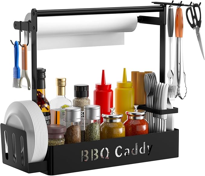 Grill Caddy, BBQ Caddy with Paper Towel Holder for Plate Cutlery, Flatware Caddy Picnic Condiment Caddy with 4 Hooks, Grill Utensil Caddy for Outdoor Barbecue Accessories Organizer