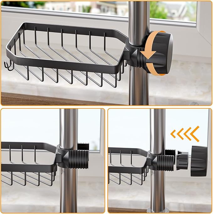 LONIN Sponge Holder Over Faucet Kitchen Sink Caddy Organizer, Stainless Steel Detachable Hanging Faucet Drain Rack for Bathroom, Scrubbers, Soap, (Black)