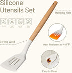 CAROTE Silicone Cooking Utensils Set, Kitchen Utensils Set 16 Pcs for Cooking,BPA Free Spatula Set,446 ℉ Heat Resistant Wood Handles for Nonstick Cookware (Cream White)
