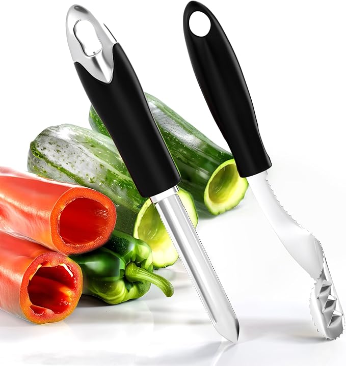 Jalapeno Pepper Corer & Zucchini/Cucumber Corer, Set of 2, Newness Stainless Steel Core Deseeder Kitchen Tool with Serrated Slice and Rubber Handle, Easy for Seed Remover or Slice off Vegetables tops