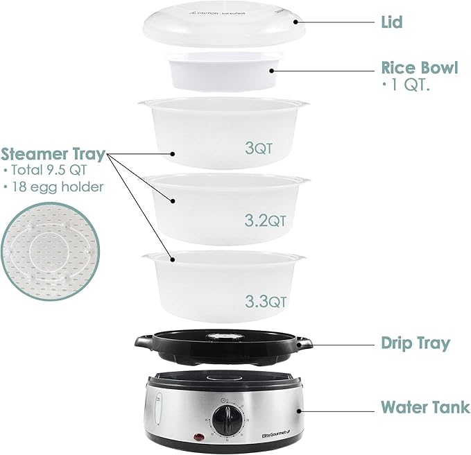 Elite Gourmet Maxi-Matic Electric Food Vegetable Steamer with BPA-Free 3 Tier Stackable, Nested Basket Trays, Auto Shut-off 60-min Timer, 800W, 9 Quart, Stainless Steel